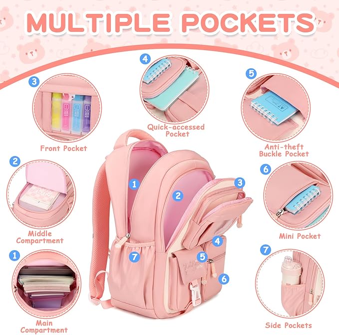 Kids Backpack for Girls School Bags for Middle School Students Book Bag for Elementary Primary Kawaii Ita Backpack, Pink and Beige-BubblyBeeBaby