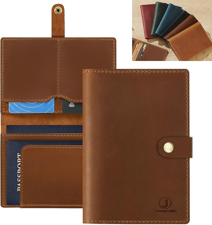 Jack&Chris Genuine Leather Passport Holder For Travel, RFID Blocking Handmade Passport Holder with Card Case Organized & Safe, Quality Travel Essentials for Women and Men for Gifting, Brown-BubblyBeeBaby