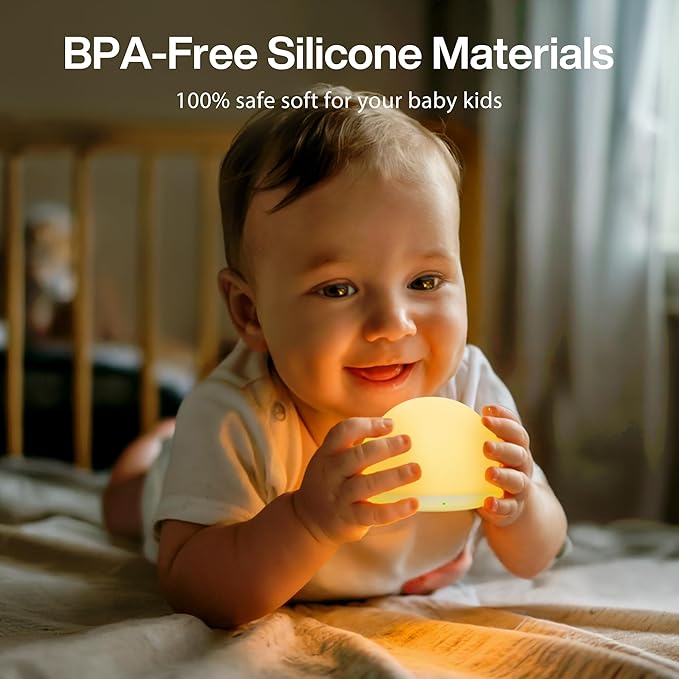 JolyWell Baby Night Light for Nursery, Soft Silicone Tap Control Night Lamp with 8 Color Changing, Stepless Dimming, Rechargeable Portable Night Light for Kids, 1H-Timer, Warm Light for Breastfeeding-BubblyBeeBaby