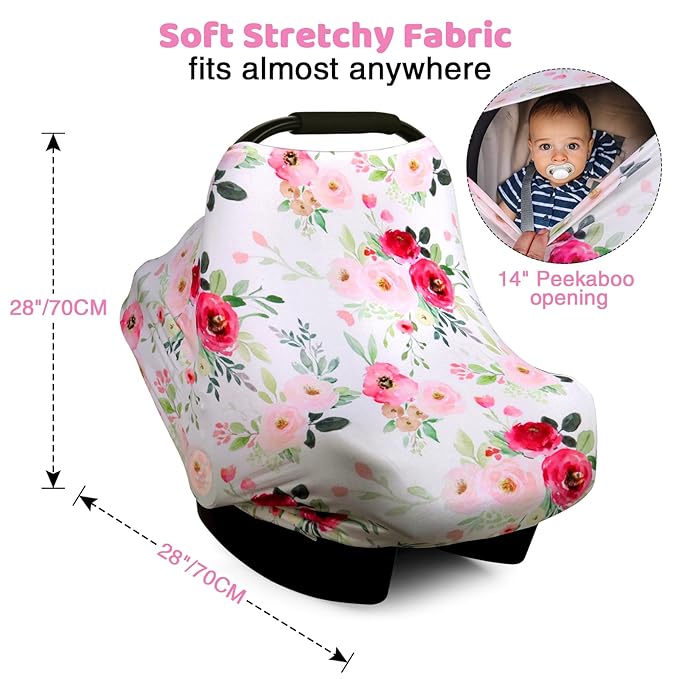 Rquite All-in-1 Car Seat Cover Baby, Carseat Covers for Girl Boy, Stretchy Soft Infant Car Seat Cover, Multi-use Baby Carrier Cover, Car Seat Canopy, Stroller Sun Shade, Nursing Breastfeeding Cover-BubblyBeeBaby
