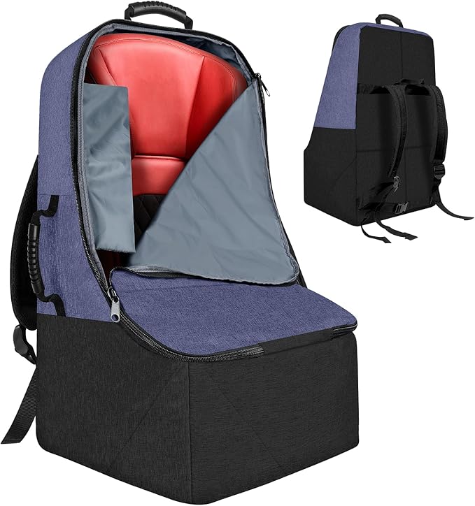 Padded Car Seat Travel Bag for Airplane, Heavy Duty Backpack for Air Travel, Water-Resistant Carrier with Shoulder Strap, Fits Most Car Seats (Blue+Black)-BubblyBeeBaby