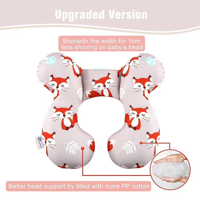 vocheer Baby Travel Pillow(Upgraded), Head and Neck Support Pillow for Pushchair, Car Seat,Stroller, Bouncer, Cotton, Orange Fox-BubblyBeeBaby
