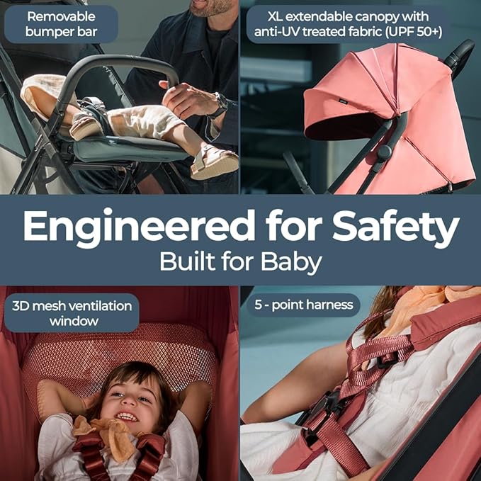 Inglesina Quid³ Stroller, Aurora Pink - Compact Reclining Travel Stroller for Baby & Toddler 0-55 lbs, One Hand fold, Car seat Compatible, Airplane Overhead, Lightweight, Foldable, XL UPF 50+ Canopy-BubblyBeeBaby