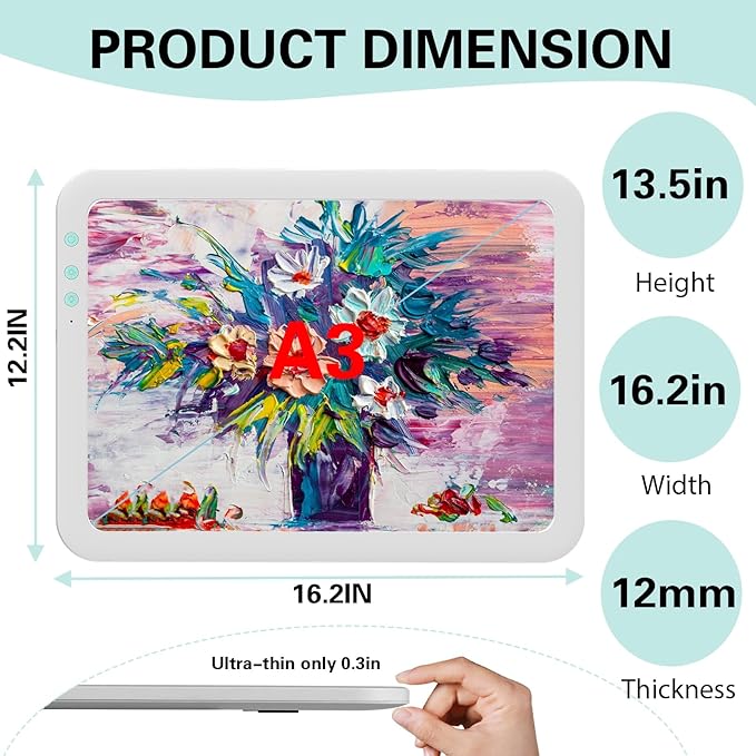 HIUKCOLED Wireless Battery Powered A3 Light Pad, 3 Colors Stepless Dimmable and 6 Levels Brightness Light Board, Rechargeable LED Light Tracing Box for Diamond Painting,Cricut Weeding Vinyl Tools-BubblyBeeBaby