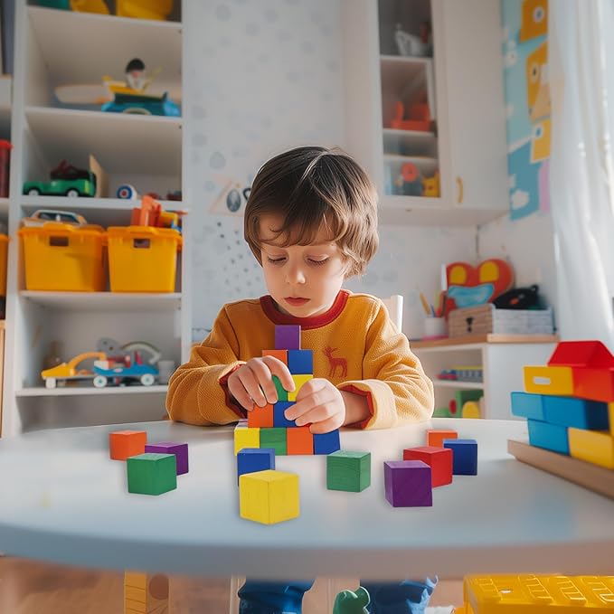 108 Pack 1 Inch Wooden Blocks, 6 Colors STEM Math Sorting Toys, Wood Building & Stacking Blocks for Toddlers, Classroom Learning Wooden Cube Blocks, Creative Play & DIY Craft for Kids Ages 3+-BubblyBeeBaby