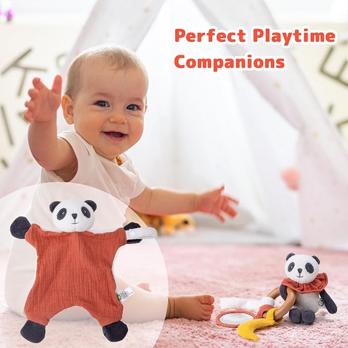 Organic Cotton Stuffed Animal Rattle Baby Toys, Organic Panda Cuddle Cloth & Organic Panda Activity Ring Plush Toy Set for Newborns Infant Boys Girls, 2 PCS-BubblyBeeBaby