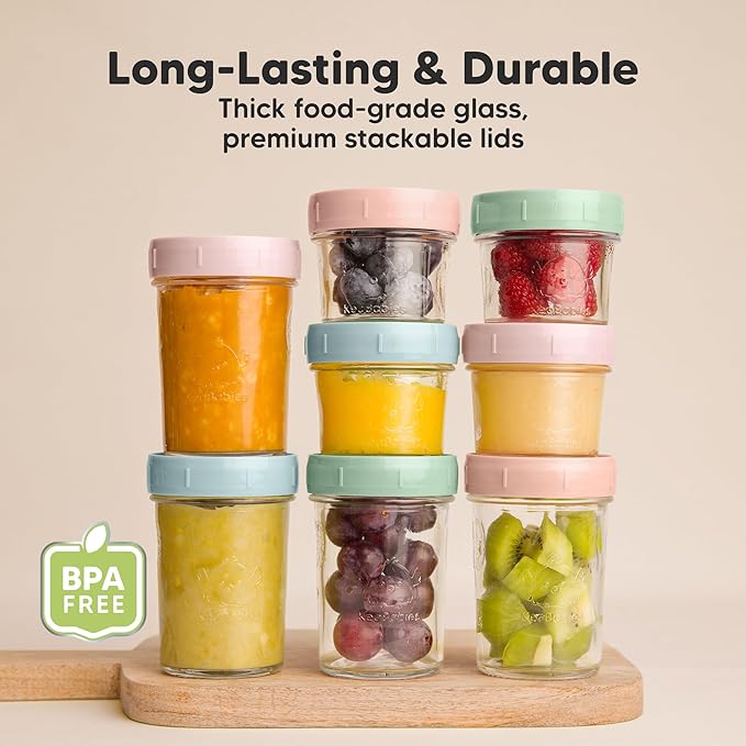 KeaBabies 4pk 8oz Glass Baby Food Containers with Lids - Leak-Proof, Microwavable Small Glass Jars, Baby Purees & Toddler Snack Storage Containers, BPA-Free, Dishwasher & Freezer Safe (Musk Dusk)-BubblyBeeBaby