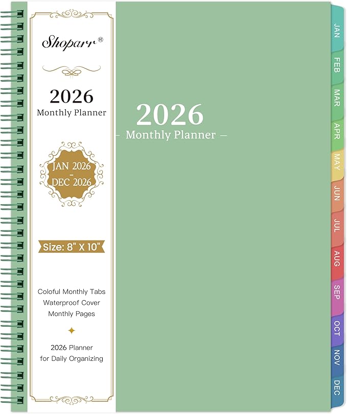 2026 Monthly Planner/Calendar - 2026 Planner, JAN 2026- DEC 2026, Planners with Colorful Tabs, Monthly Planners 2026 for Daily Organizing - Waterproof Cover (8" x10", Note Pages, Green)-BubblyBeeBaby