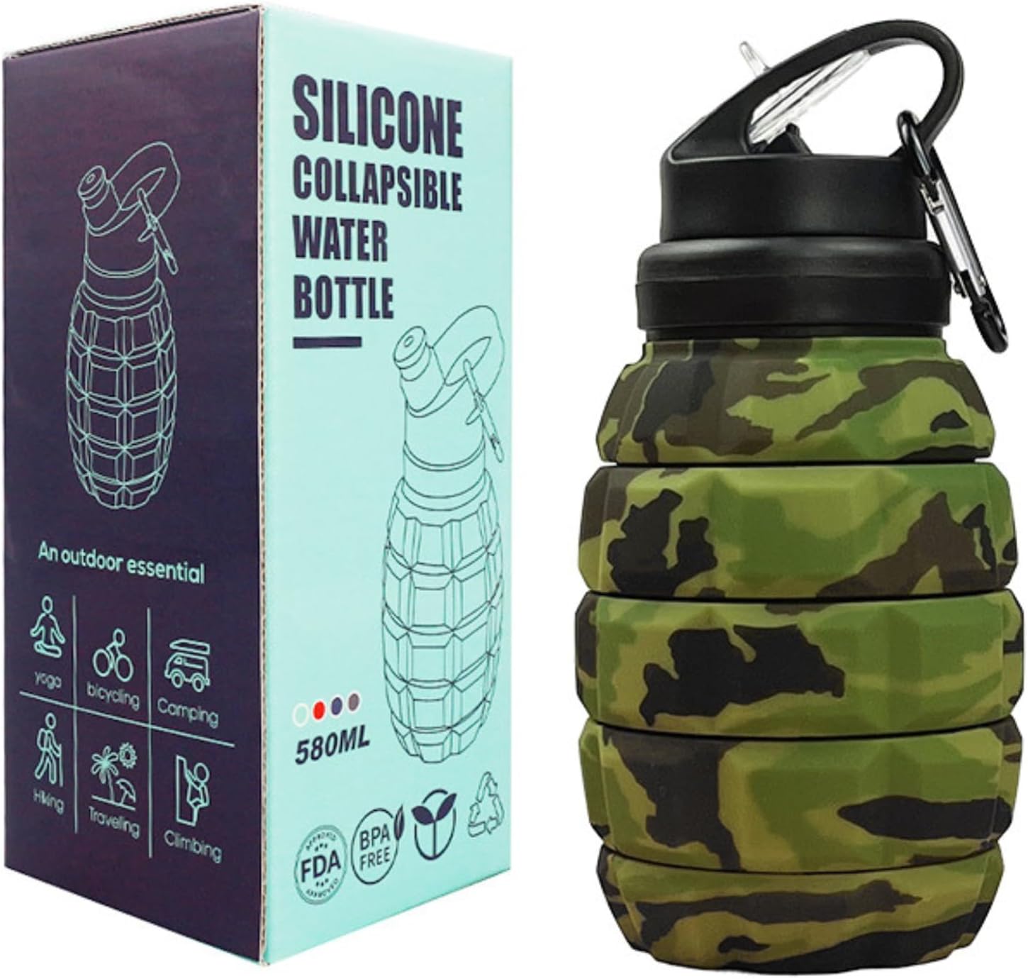 Collapsible Travel Water Bottle18oz, Reuseable Silicone Foldable Water Bottles for Gym Camping Hiking, Portable Leak Proof Sports Water Bottle with rugby Carabiner (Grey)