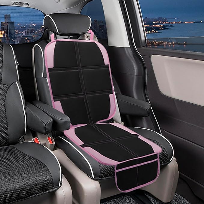 Child Car Seat Protector, 2 Pack with Mesh Pockets & Non-Slip Backing, 600D Durable (Pink, Standard)-BubblyBeeBaby