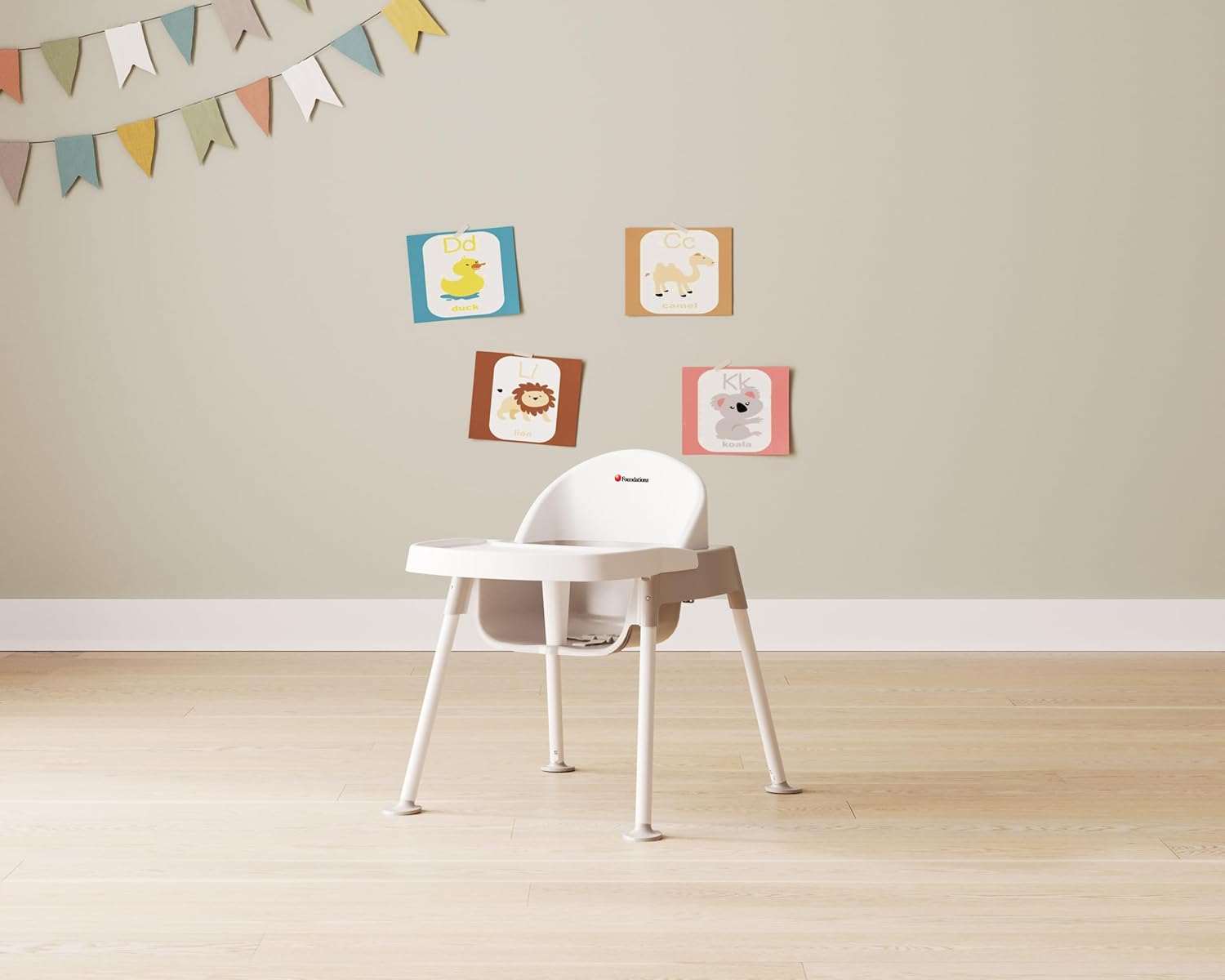 Foundations Secure Sitter 11" Feeding Chair, Stable “No Tip” Feet, 3-Point Adjustable Harness, Removable Tray, Easy to Clean, Smooth Plastic (White/Tan)