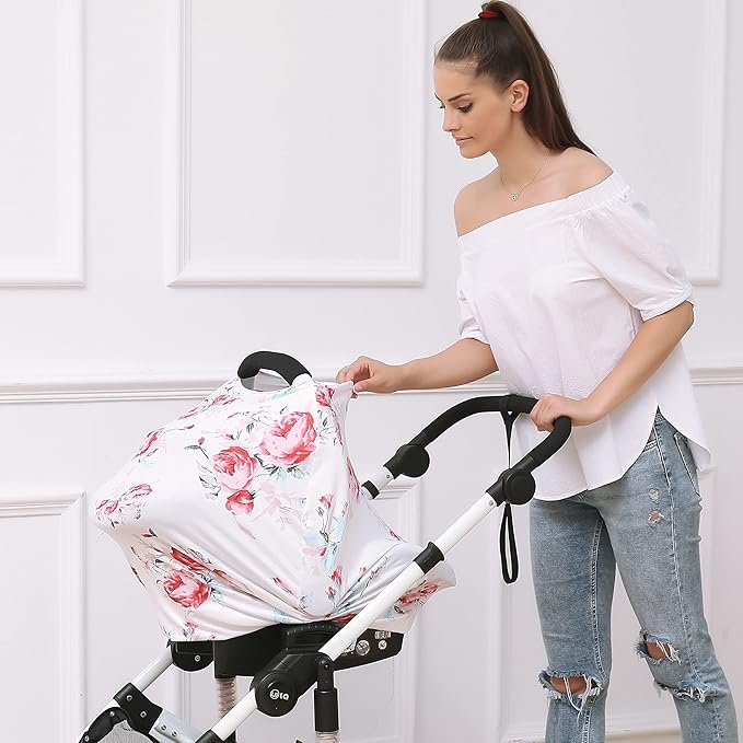 Baby Car Seat Covers - Stroller Canopy Breastfeeding Covers, Multi-use Carseat Canopy, for Boys and Girls Shower Gift (Print Flower)-BubblyBeeBaby