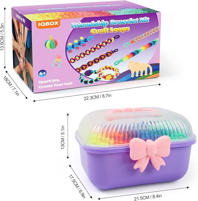 IQBOX Bracelet Making Kit Arts and Crafts for Girls Ages 8-12, Weaving Loom Rainbow Bands DIY Toys Birthday Gifts for Kids 6 7 9 10 11 13 Year Old, 1000+ Elastic Cloth Rubber Band Fabric Loops-BubblyBeeBaby
