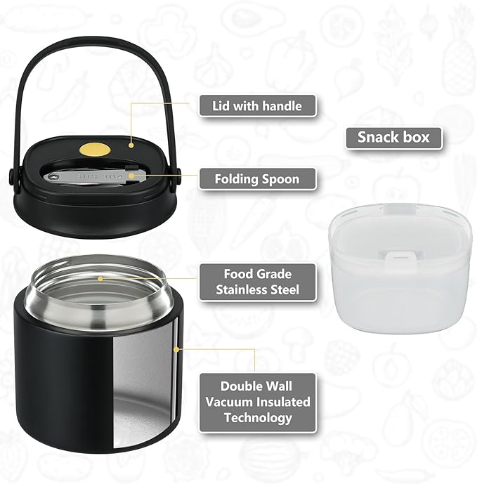 2 - in - 1 Soup Thermo for Hot Food 14oz with Snack Box Container Leak Proof Insulated Lunch Container Kids and Adults Stainless Steel Double Wall Vacuum Wide-mouth Thermal with Spoon and Handle-BubblyBeeBaby
