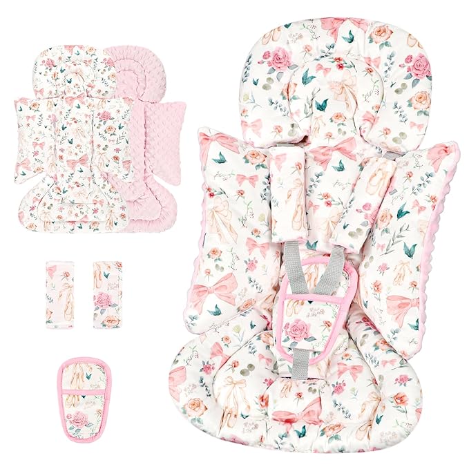3-in-1 Infant Car Seat Insert, Soft Head and Body Support,Ultra & Strap Covers Set, Reversible Newborn Car Seat Cushion Pad for Baby Boy & Girl fits Stroller, Swing, Bouncer (Pink Bow)-BubblyBeeBaby