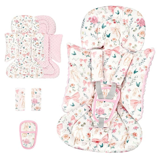 3-in-1 Infant Car Seat Insert, Soft Head and Body Support,Ultra & Strap Covers Set, Reversible Newborn Car Seat Cushion Pad for Baby Boy & Girl fits Stroller, Swing, Bouncer (Pink Bow)-BubblyBeeBaby