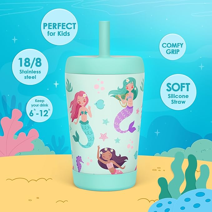 Kid Insulated Stainless Steel Tumbler with Silicone Straw, 12oz Sippy Cup for Kids (Magical Mermaids)-BubblyBeeBaby