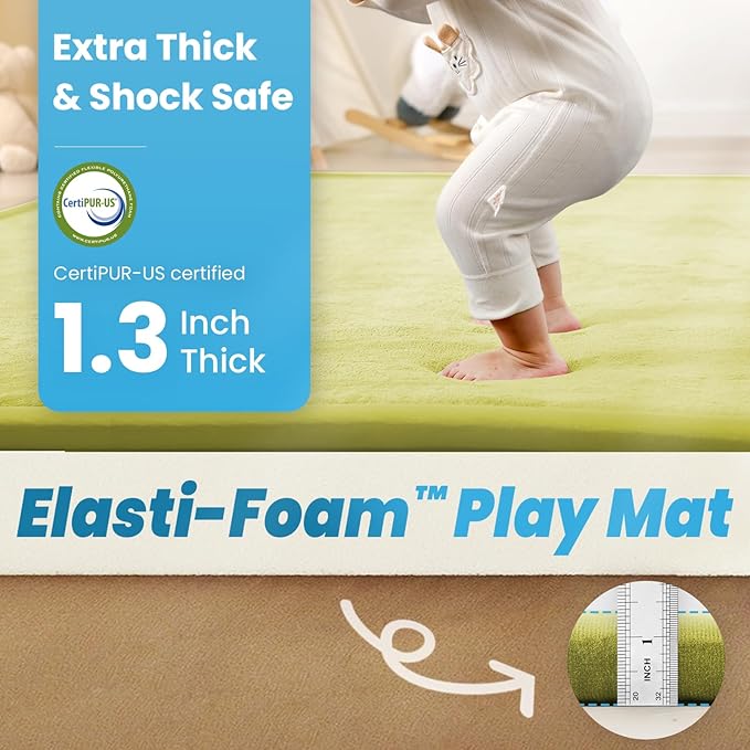 1.3" Thick Baby Play Mat for Floor, 28x72 Foam Tummy Time Mat, Padded Support Soft Plush Bedside Rugs for Infant Kids Toddler Crawling Kick Activity (Light Green)-BubblyBeeBaby