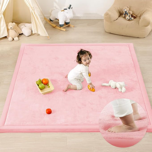 1.3" Thick Baby Play Mat for Floor, 39x59 Foam Tummy Time Mat, Padded Support Soft Plush Nursery Rug for Infant Kids Toddler Crawling Kick Activity (Pink)-BubblyBeeBaby