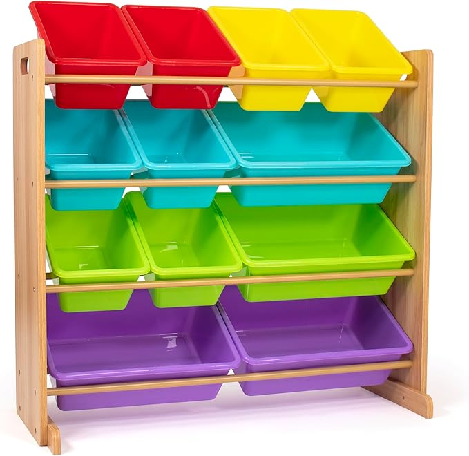 Humble Crew Kids Toy Storage Organizer with 12 Plastic Bins, Natural Wood/Rainbow – Removable Bins for Playroom, Bedroom, Toddler Furniture for Boys and Girls Ages-BubblyBeeBaby