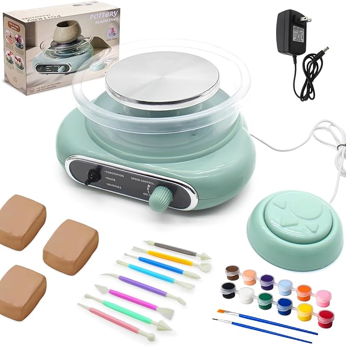 Hitish Mini Pottery Wheel, 4.7" Pottery Wheel for Kids Teens & Adults Beginners, Plug-in Motor, 1.32Lb Air Dry Clay, Crafts Kit for Home DIY, Ceramic Work & Art Creation, Clay Tools Included-BubblyBeeBaby