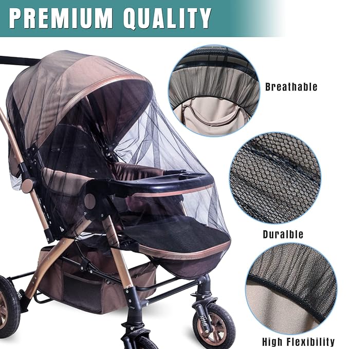 Durable Baby Stroller Mosquito Net (2 Pack) - Universal Elastic Edge Mesh Cover for Bassinets, Cradles, Playards, Car Seats & Mini Cribs | Breathable Travel Essential Newborn Protection (Black+White)-BubblyBeeBaby