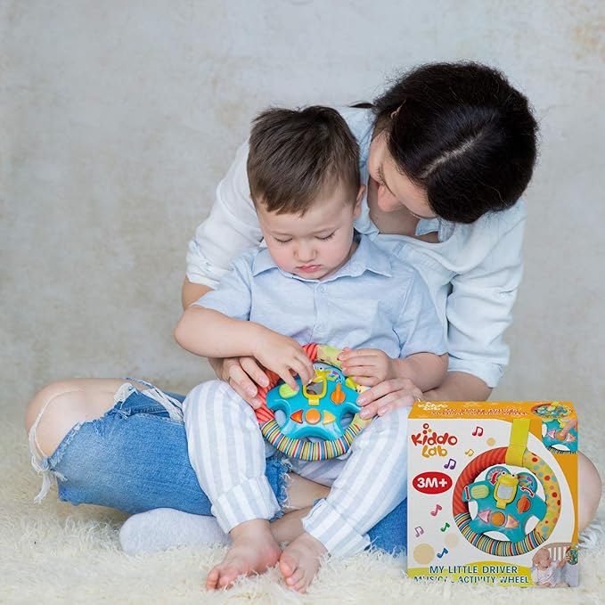 KiddoLab Steering Wheel Toy with Music,Lights,Sounds & Flip Up Mirror - Crib & Stroller Toys with Soft Fabric and Velcro Tap for Easy Attachment. Car Seat Toys for Babies and Toddlers. Ages 3 Months+-BubblyBeeBaby