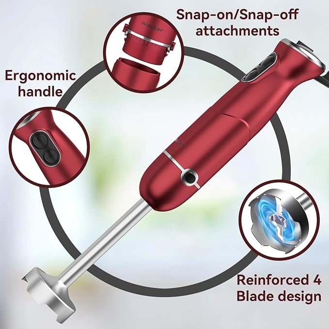 Immersion Blender 5 in 1 Hand Blender, Abuler 1000W Hand Mixer Stick,12 Speed Handheld Blender 304 Stainless Steel with 600ml Mixing Beaker, 500ml Chopper, Whisk and Milk Frother for Soup, Baby Food-BubblyBeeBaby