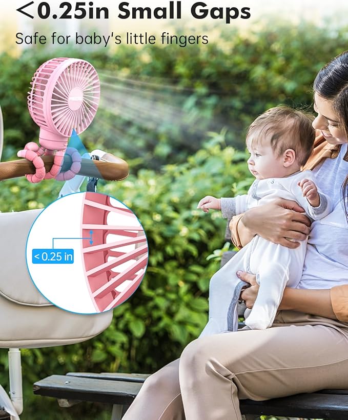 FRIZCOL Stroller Fan for Baby - Portable Fans Rechargeable - Battery Operated Fan(Use for 24Hrs) - Fans for Handheld/Clip On/Car Seat/Desk/Camping (Pink)-BubblyBeeBaby