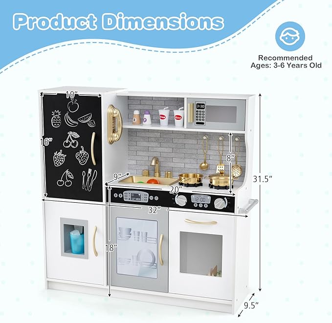 HONEY JOY Kids Kitchen Playset, Wooden Little Chef Pretend Toy Kitchen Set w/Chalkboard, Telephone, Utensils, Oven, Microwave, Sink, Storage, Play Kitchen for Toddlers Boys Girls, White Golden-BubblyBeeBaby