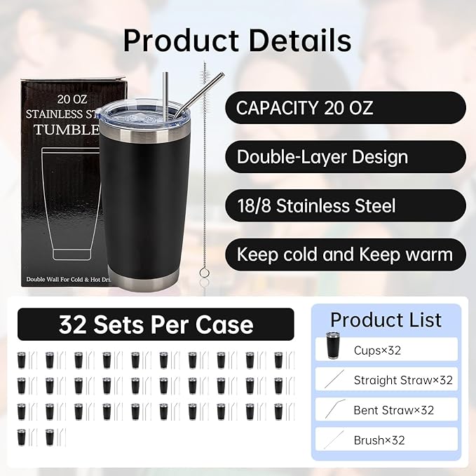 IEOVIEE 32 Pack 20oz Stainless Steel Bulk Tumblers with Lids and Straws Double Wall Insulated Travel Mug Durable Powder Coated Tumbler Bulk Cup for Cold and Hot Drinks(Black)-BubblyBeeBaby