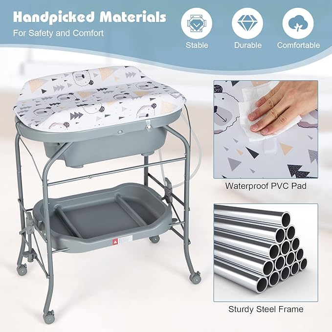 HONEY JOY Baby Changing Table with Bathtub, Foldable Infant Diaper Changing Station with Wheels, Storage Tray, Waterproof Pad, Portable Newborn Nursery Organizer Bath Stand for Boys Girls (Gray)-BubblyBeeBaby