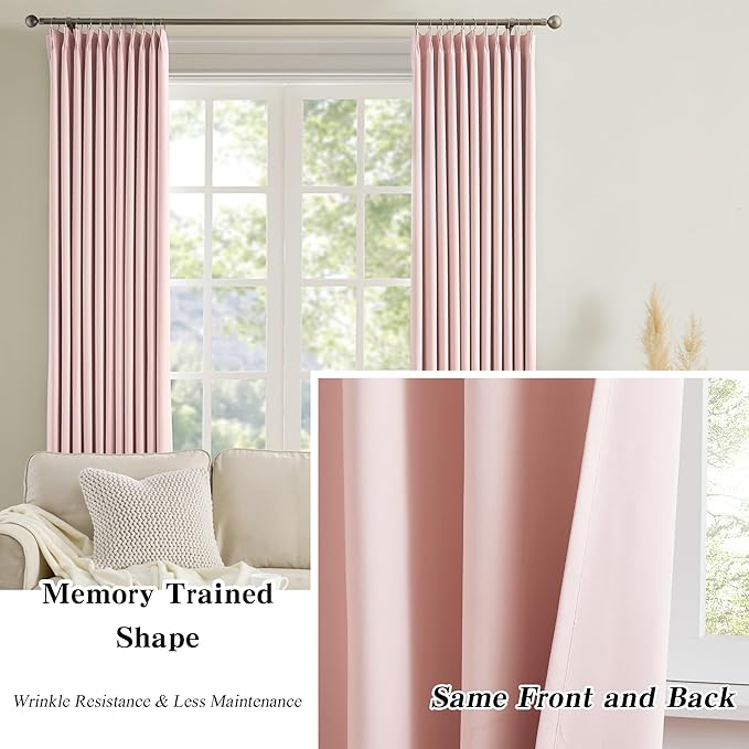 KEQIAOSUOCAI Pinch Pleated Curtains 120 Inches Long, Energy Saving Window Treatment Privacy Drapery for Living Room, Vertical Track System Elegant Hook Panels(Baby Pink, 2 Pieces, W40 x L120)-BubblyBeeBaby