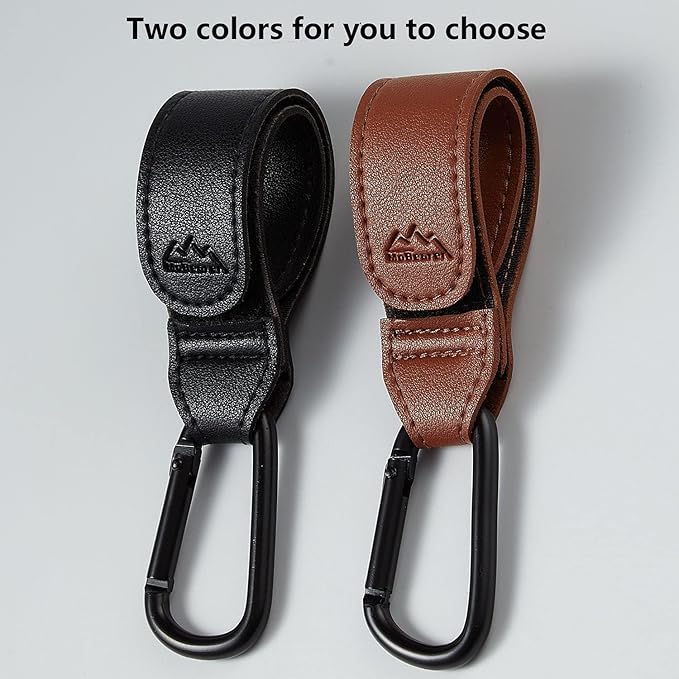 Baby Stroller Hooks Bag Hooks for Hanging Diaper Bags Multipurpose Hooks for Grocery Shopping Bags Premium Vegan Leather Pram Straps 2 Pcs (Black)-BubblyBeeBaby