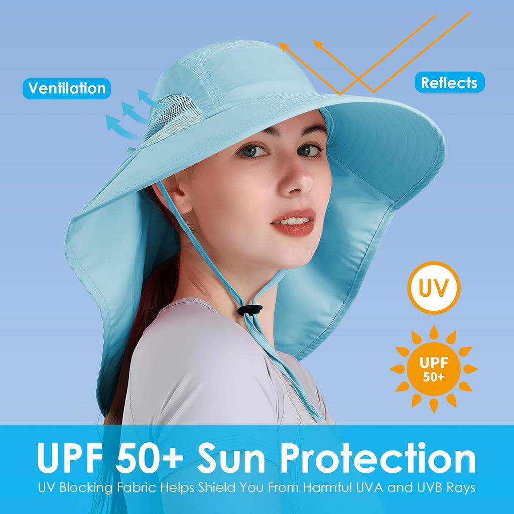 Womens Sun Hat UV Protection, Foldable Waterproof Wide Brim Bucket Hats with Neck Flap for Summer Beach Fishing Hiking