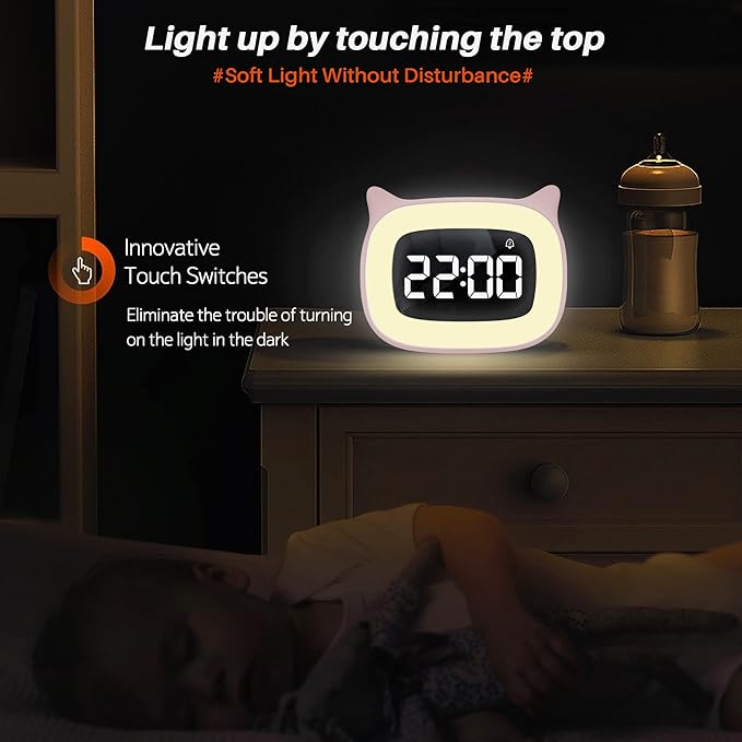 Kids Alarm Clock with Night Light & 18 Ringtones,Rechargeable,Cute Cat Ear Clock for Boys Girls Birthday Presents,Digital Clock for Children's Bedroom(Pink)-BubblyBeeBaby