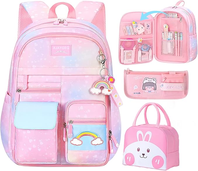 Kawaii Backpack, Pink Backpack for Girls, Kid Starry Rainbow Bookbag, Cute Backpack for Kids, Aesthetic Backpack, Pink(3 PCS Set)-BubblyBeeBaby