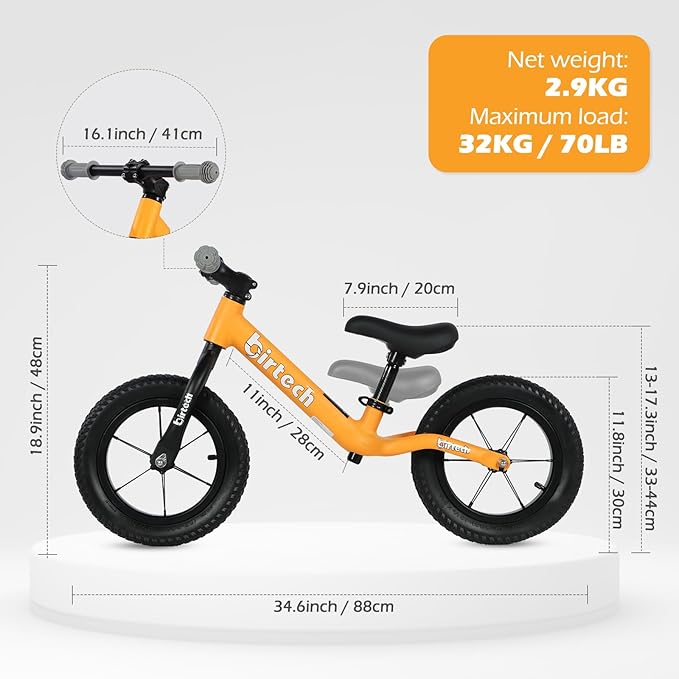 12" Balance Bike for 2, 3, 4, 5 Year Old Boys and Girls, Lightweight Nylon Frame Toddler Training Bike No Pedal Bikes for Kids with Adjustable Seat and Air Tires-BubblyBeeBaby