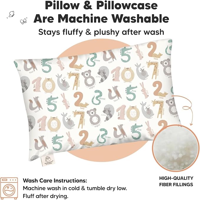 KeaBabies Toddler Pillow with Pillowcase, Jumbo 14X20 - Soft Organic Cotton Toddler Pillows for Sleeping - Machine Washable - Perfect for Travel, Toddler Bed Set (Wild Count)-BubblyBeeBaby