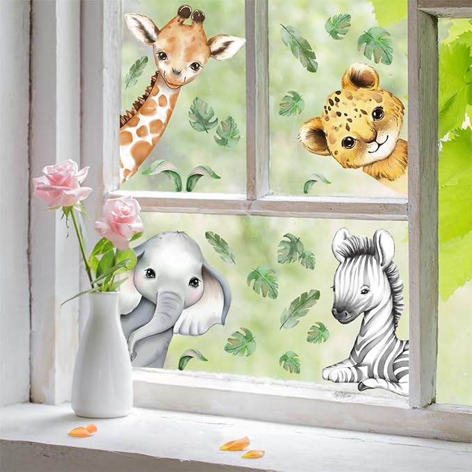 22.44 x 21.25 Inch Watercolor Jungle Animal Window Clings Tiger Lion Elephant Zebra Window Stickers Double-Side Safari Animal Window Stickers for Baby Nursery Playroom Bedroom Window Glass Wall Decor-BubblyBeeBaby