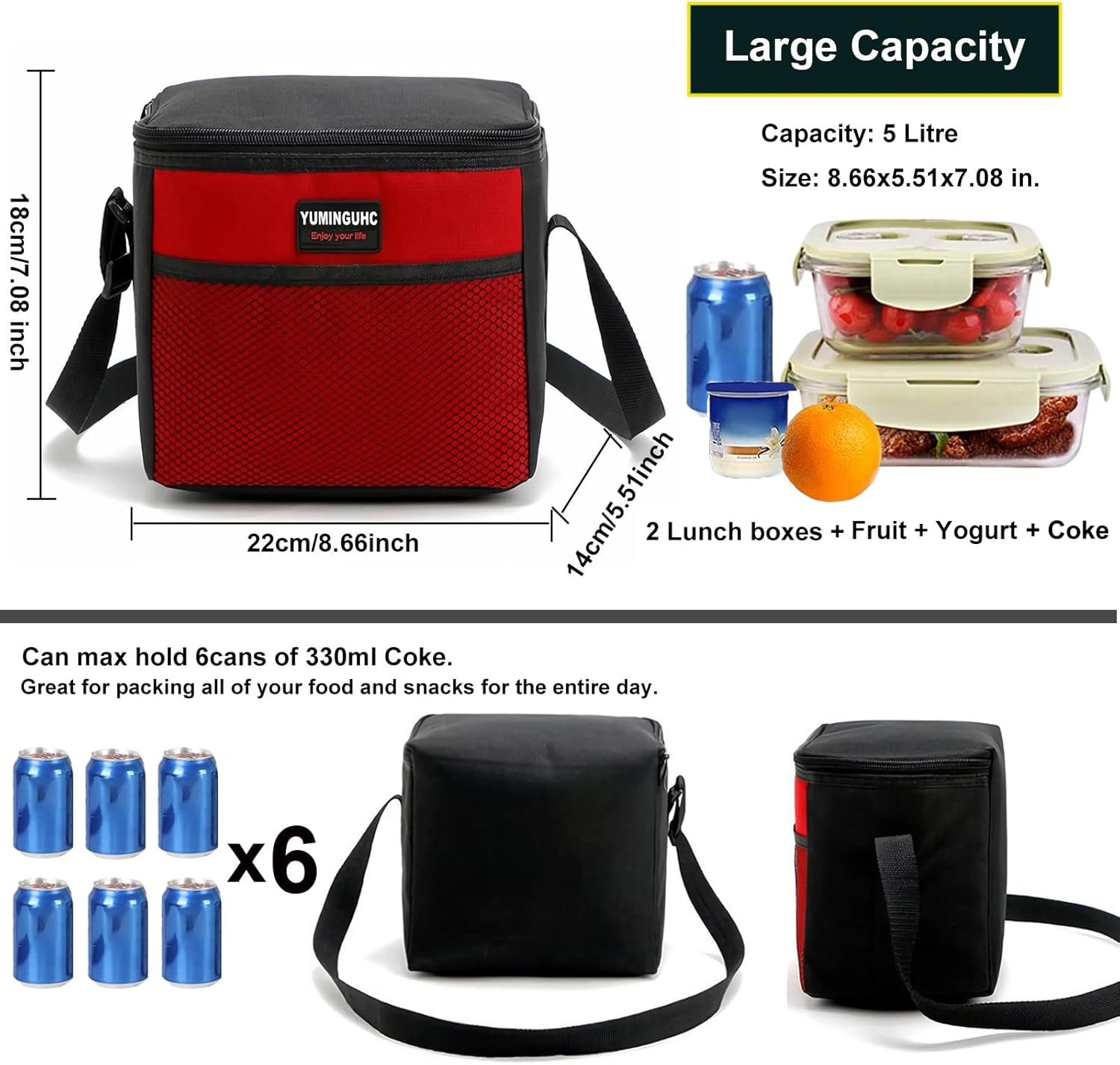 6 Can/5L Lunch Bag for Women Men Portable Lunch Box Small Cooler Bag Soft Collapsible Reusable Insulated Lunch Tote for Everyday Work Travel (Grey)