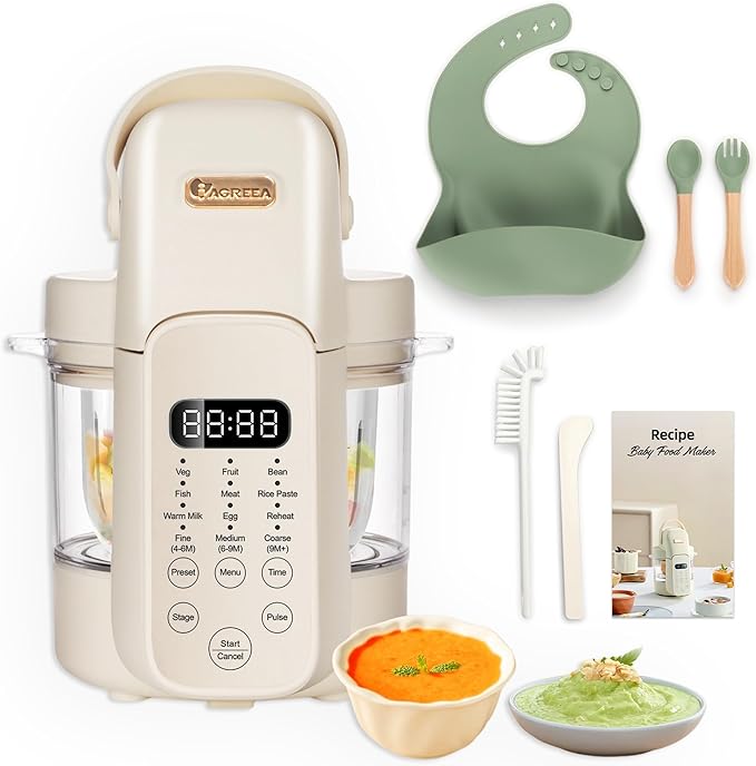 IAGREEA 9 IN 1 Baby Food Maker, 10oz Baby Food Puree Maker, Steamer Puree Blender with 3 Age Groups, Auto Cooking & Grinding, 24-Hour Appointment/450W Heating/Touch Control, Manual Mode, BPA-Free-BubblyBeeBaby