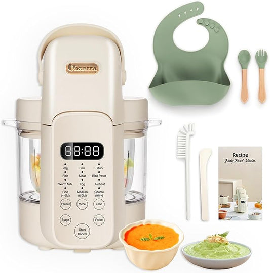 IAGREEA 9 IN 1 Baby Food Maker, 10oz Baby Food Puree Maker, Steamer Puree Blender with 3 Age Groups, Auto Cooking & Grinding, 24-Hour Appointment/450W Heating/Touch Control, Manual Mode, BPA-Free-BubblyBeeBaby