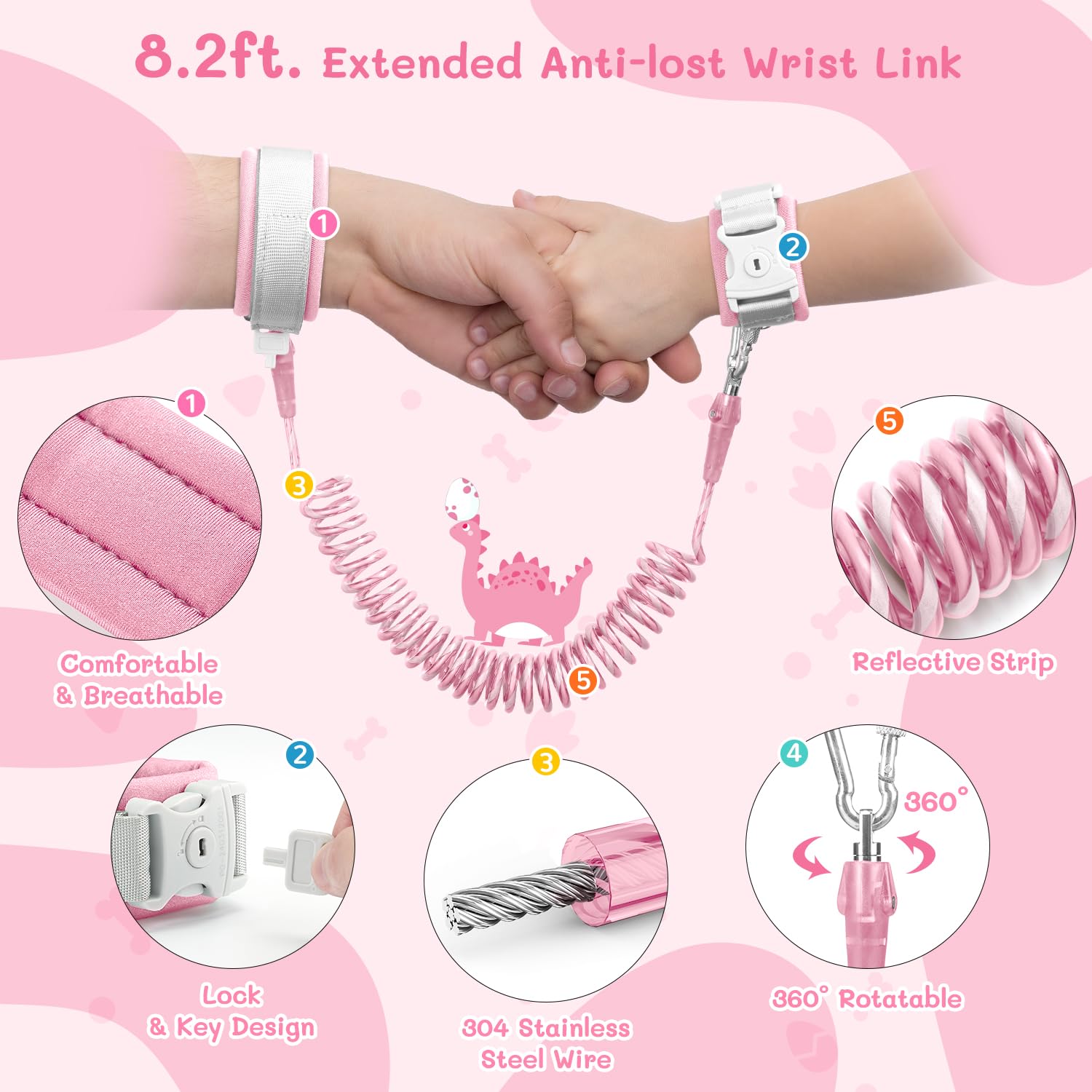 Dr.meter 3 in 1 Toddler Harness Leash + 8.2ft Anti Lost Wrist Link, Cute Dinosaur Kids Anti Lost Leash with Key Lock, Child Walking Harness for Parent Boys Girls Keep Kids Close, Travel Essensials