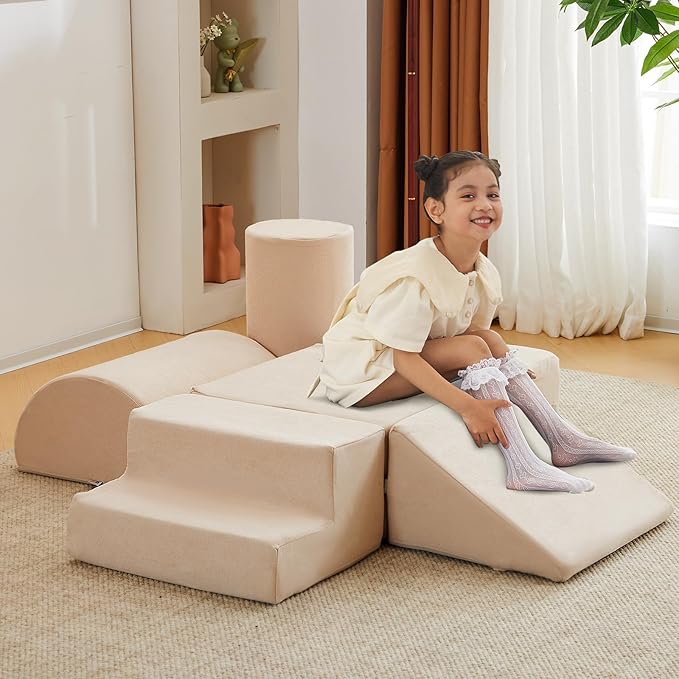 jela Foam Blocks 6Pcs Soft Play Equipment Luxury Miss Fabric, Toddler Climbing Toys Indoor Soft Play Climbing for Toddlers, Lightweight Climbing Blocks for Babies, Kids, Climb and Crawl Foam Playset-BubblyBeeBaby