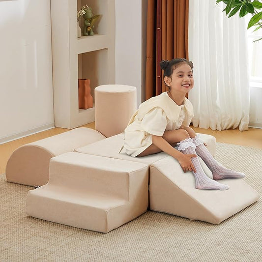 jela Foam Blocks 6Pcs Soft Play Equipment Luxury Miss Fabric, Toddler Climbing Toys Indoor Soft Play Climbing for Toddlers, Lightweight Climbing Blocks for Babies, Kids, Climb and Crawl Foam Playset-BubblyBeeBaby