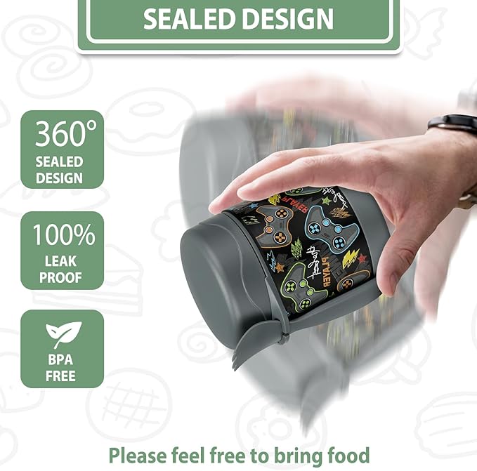 10oz Soup Thermo for Hot Food Kids,Lunch Thermo Kids Food Jar with Spoon Hot Insulated Food Containers,Leak Proof Stainless Steel Wide Mouth Lunch Food Thermo Jar for School(Black-Game Console)-BubblyBeeBaby