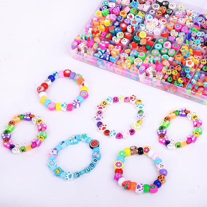1000PCS Polymer Clay Beads Bracelet Making kit, 24 Style Cute Fun Beads Fruit Flower Animal Cake Butterfly Heart Beads Charms for Jewelry Necklace Earring Making DIY Accessories for Women Girls-BubblyBeeBaby