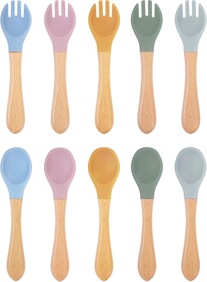 10 pcs Baby Spoons and Forks, First Stage Baby Led Weaning Spoons, Chewable Baby Utensils for Self-Feeding, Bamboo and Silicone Baby Utensils, Kids Utensils for Over 6 Months Babies-BubblyBeeBaby