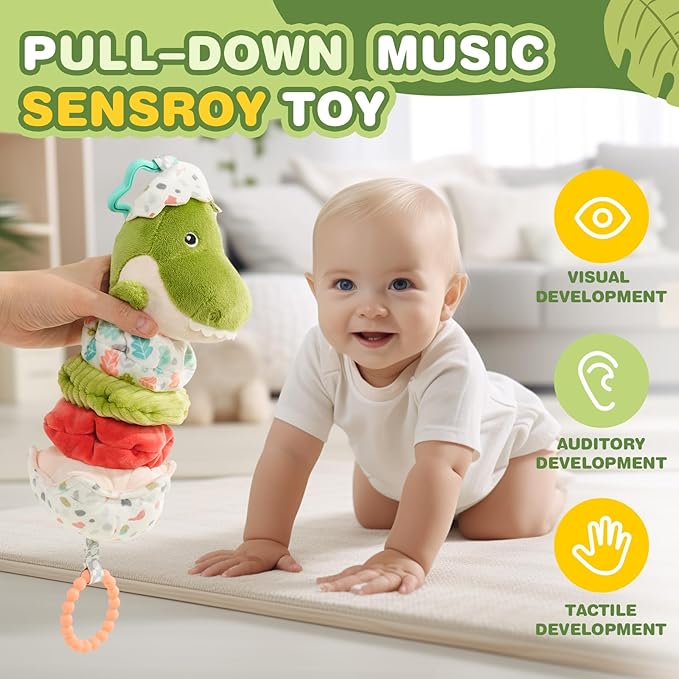 Jollybaby Baby Musical Pull String Hanging Toy for Stroller Car Seat Crib Play Gym, Plush Stuffed Dinasour Toy for Carseat with Music Teether Crinkle Paper, Sensory Toy for 0-6-12-18 Months Baby Gift-BubblyBeeBaby